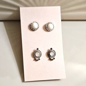 White and Silvertone Stud Earrings Set